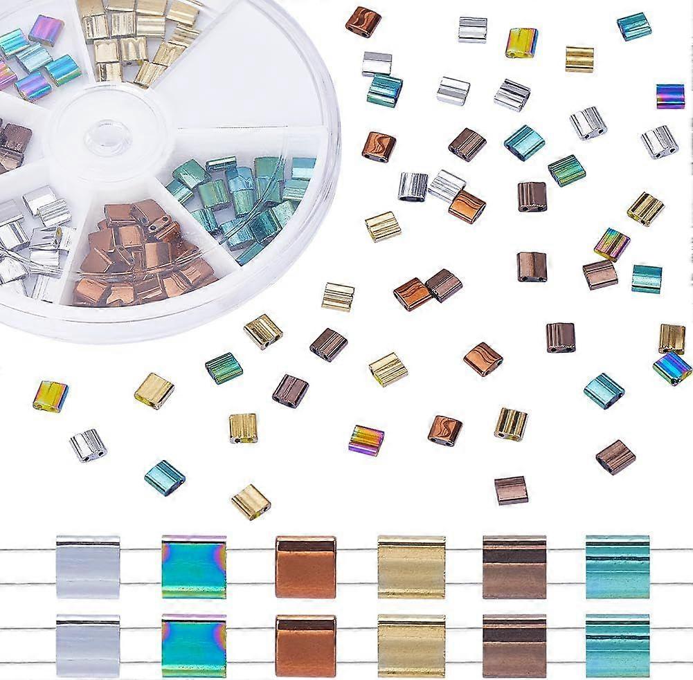 180Pcs 2 Hole Beads 6 Colors Mix Glass Seed Beads Bulk Electroplate Gold Silver Rectangle Metallic Mini Opaque Square with Container for Craft Bracele