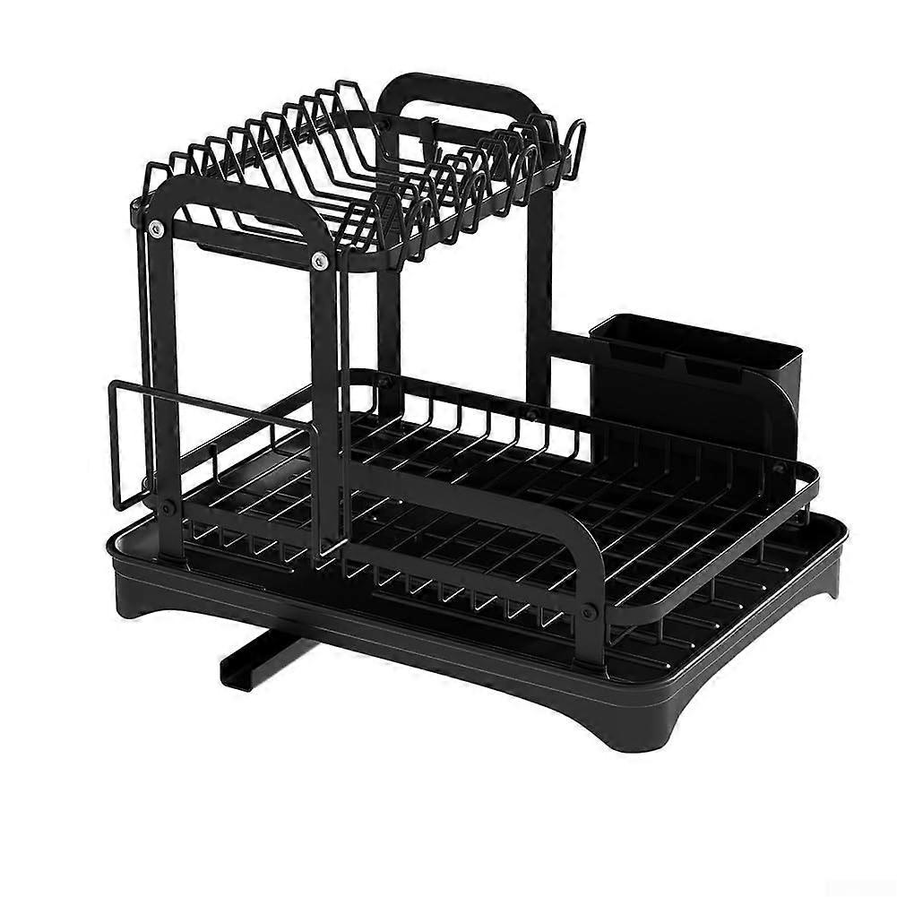 Double Layer Dish Drying Rack with Cutting Board Holder, Space Saving Carbon Steel Kitchen Organizer