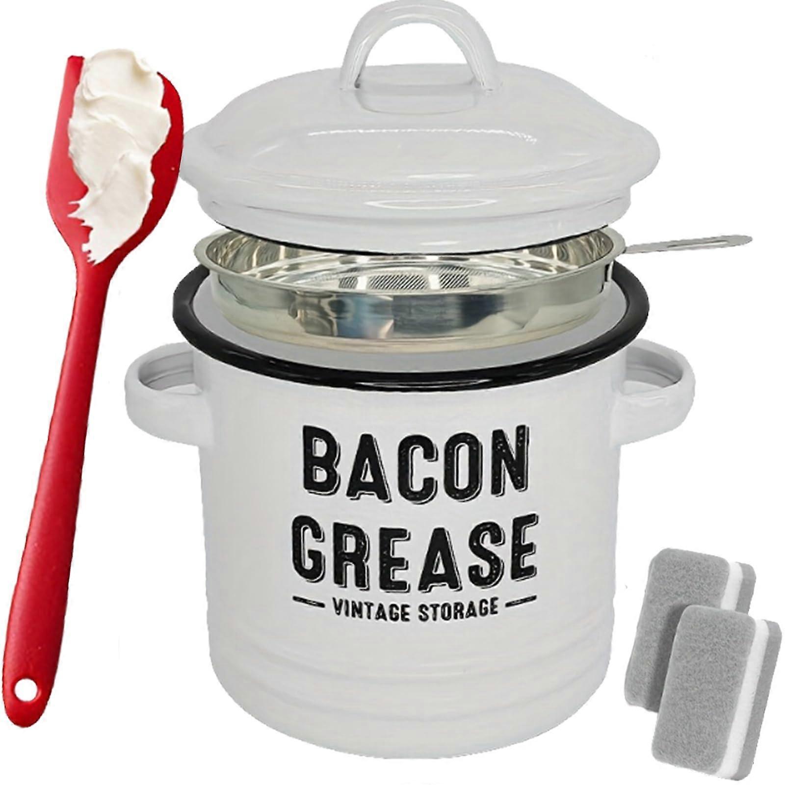 Bacon Grease Container with Strainer, 46oz Enamel Storage Pot, Silicone Spatula, White