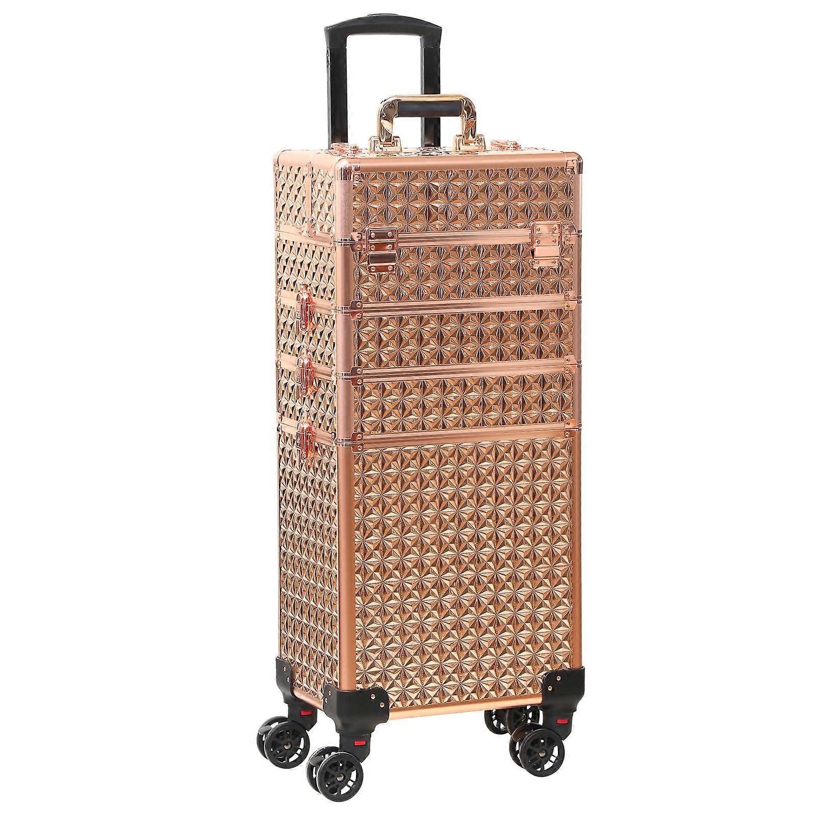 Rose Gold Rolling Makeup Train Case with Wheels, 4in1 Professional Cosmetic Organizer
