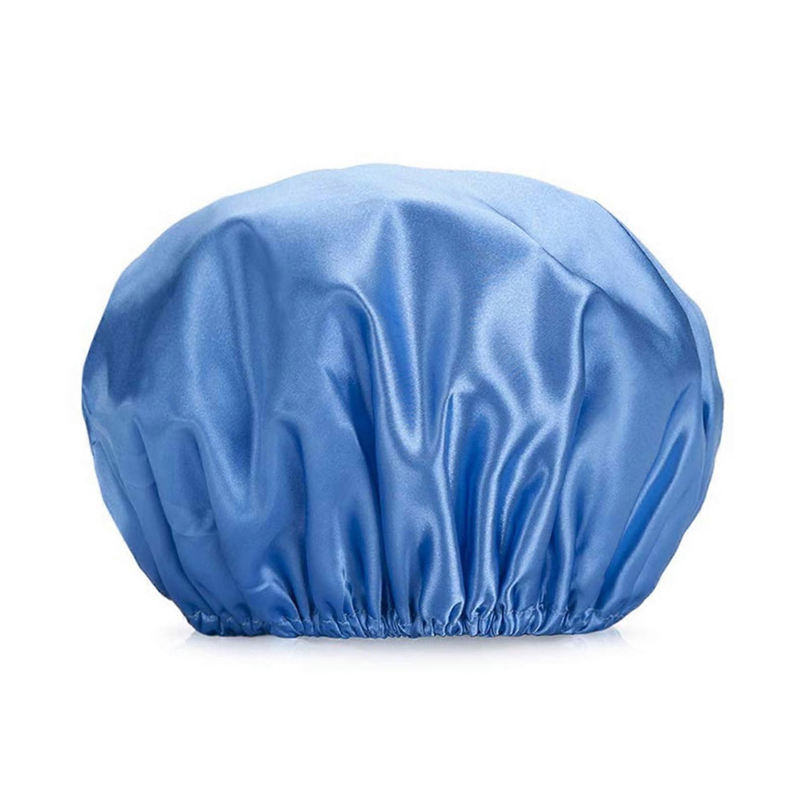 DoubleLayer Waterproof Shower Cap Solid Blue Reusable Hair Cap for Women with Elastic Fit