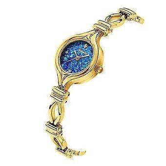 MOKAGO Damklocka Lyxig Guldfärgad Armbandsur med Blå Glitterurtavla och Kristalldetaljer - Elegant Modeaccessoar