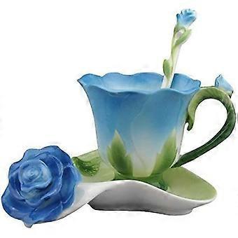 Fabriqués à la main en porcelaine en céramique Café thé tasses avec soucoupe et cuillère Rose en forme Design bleu