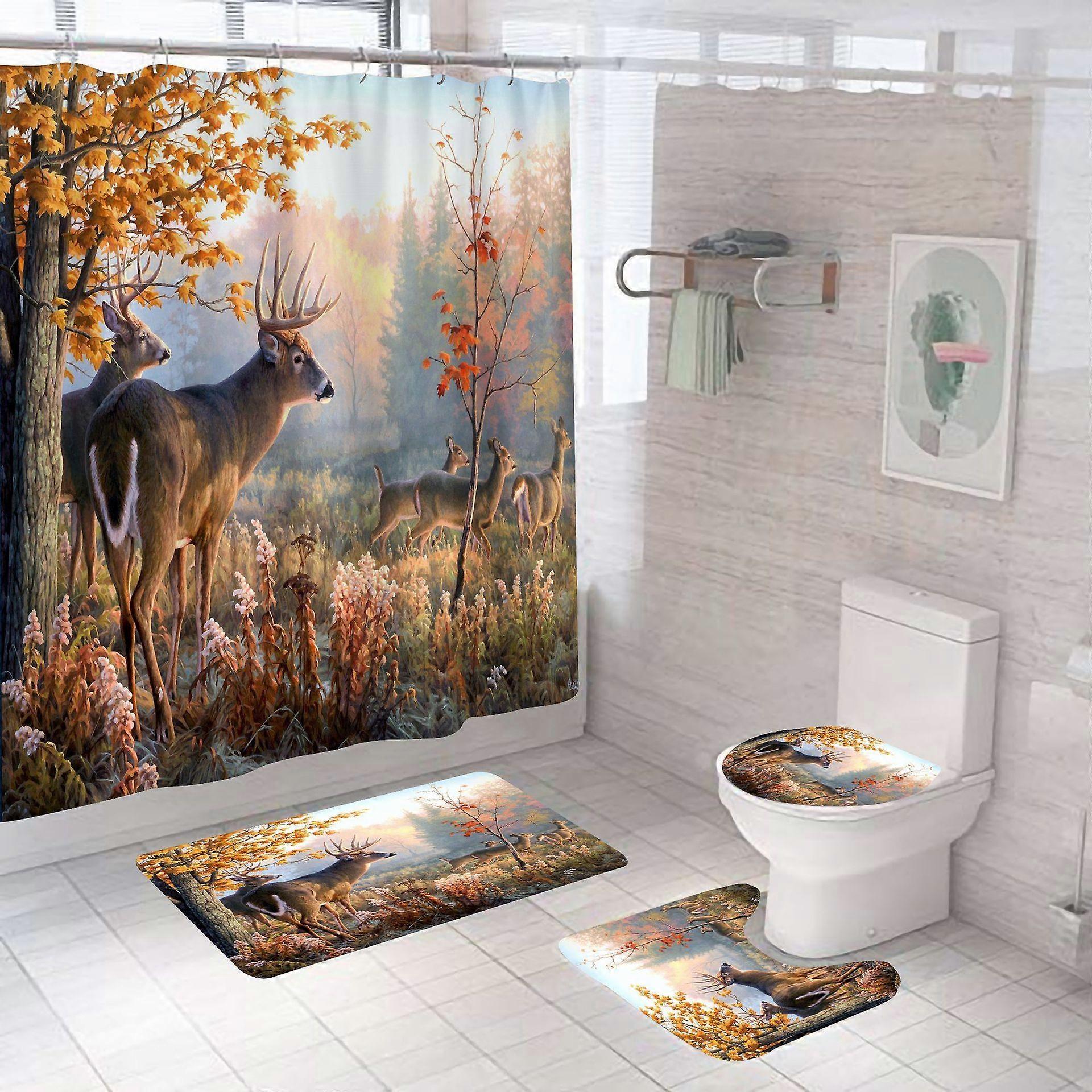Deer Forest 4 Pcs Polyester Nature Bathroom Shower Set
