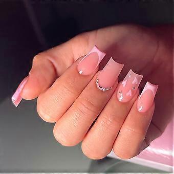 Pink French Tip Press on Nails Medium Almond Fake Nails with Rhinestone Hearts Glossy ReadytoWear Set 24Pcs for Women Girls