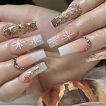 Christmas Press On Nails Long Coffin Glitter Fake Nails with Snowflake Rhinestone Accents 24pcs