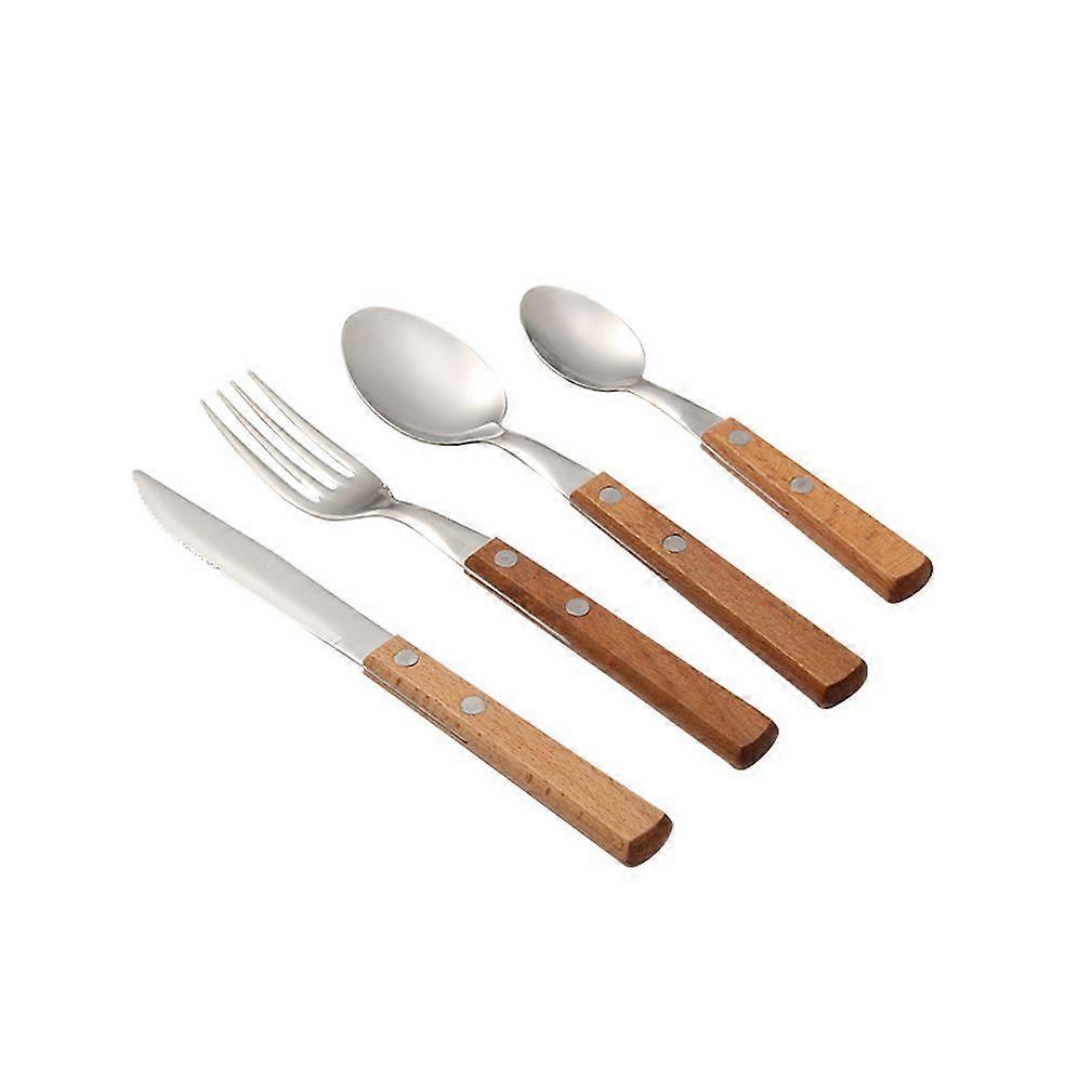 4pcs Cutlery Set Tableware Flatware Fork Knife Spoons with Wooden Handle