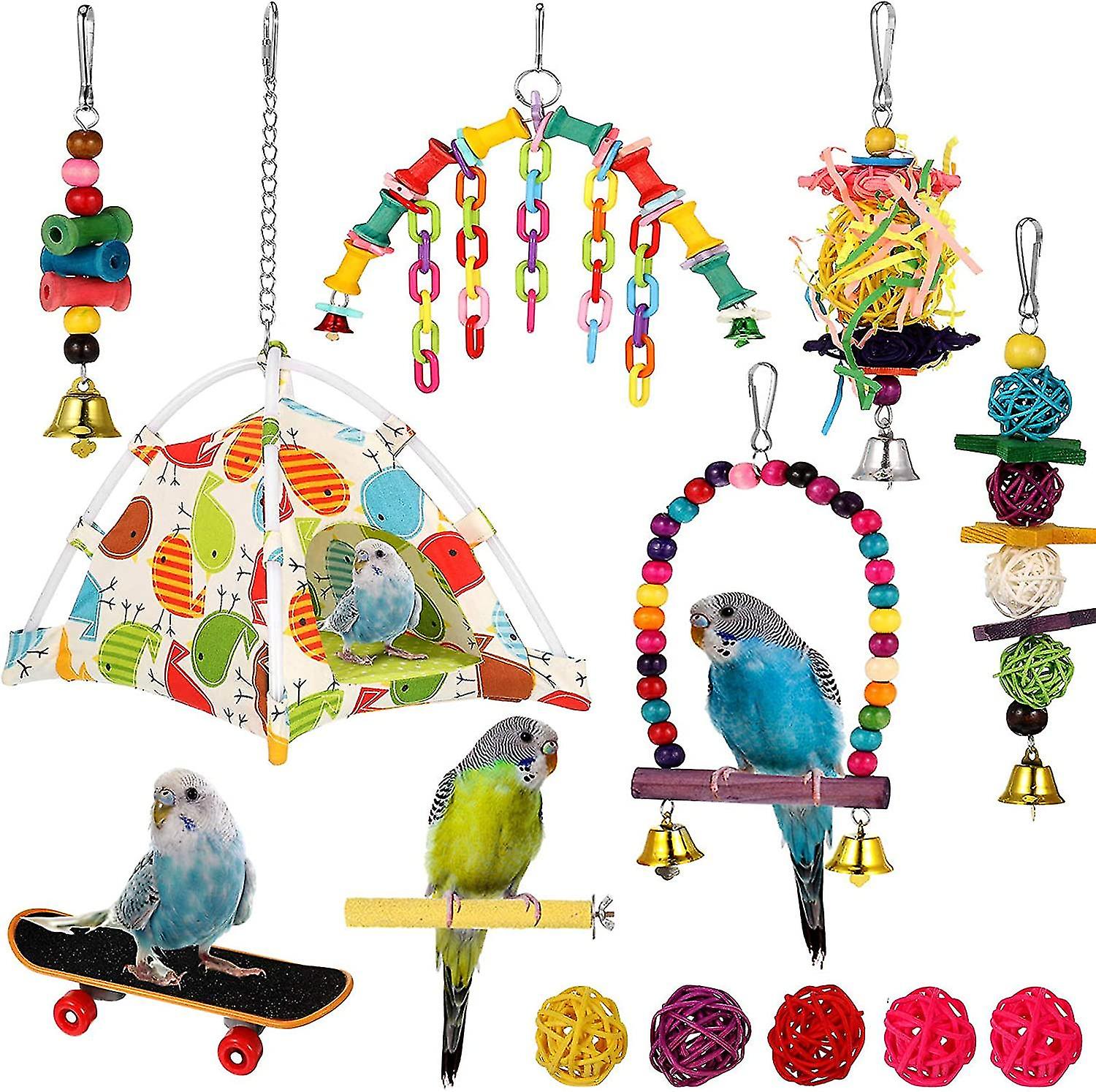 13 Pack Bird Toys Swing Chewing Toys Bird Nest Hut Hammock Perch Stand Hanging @bugu