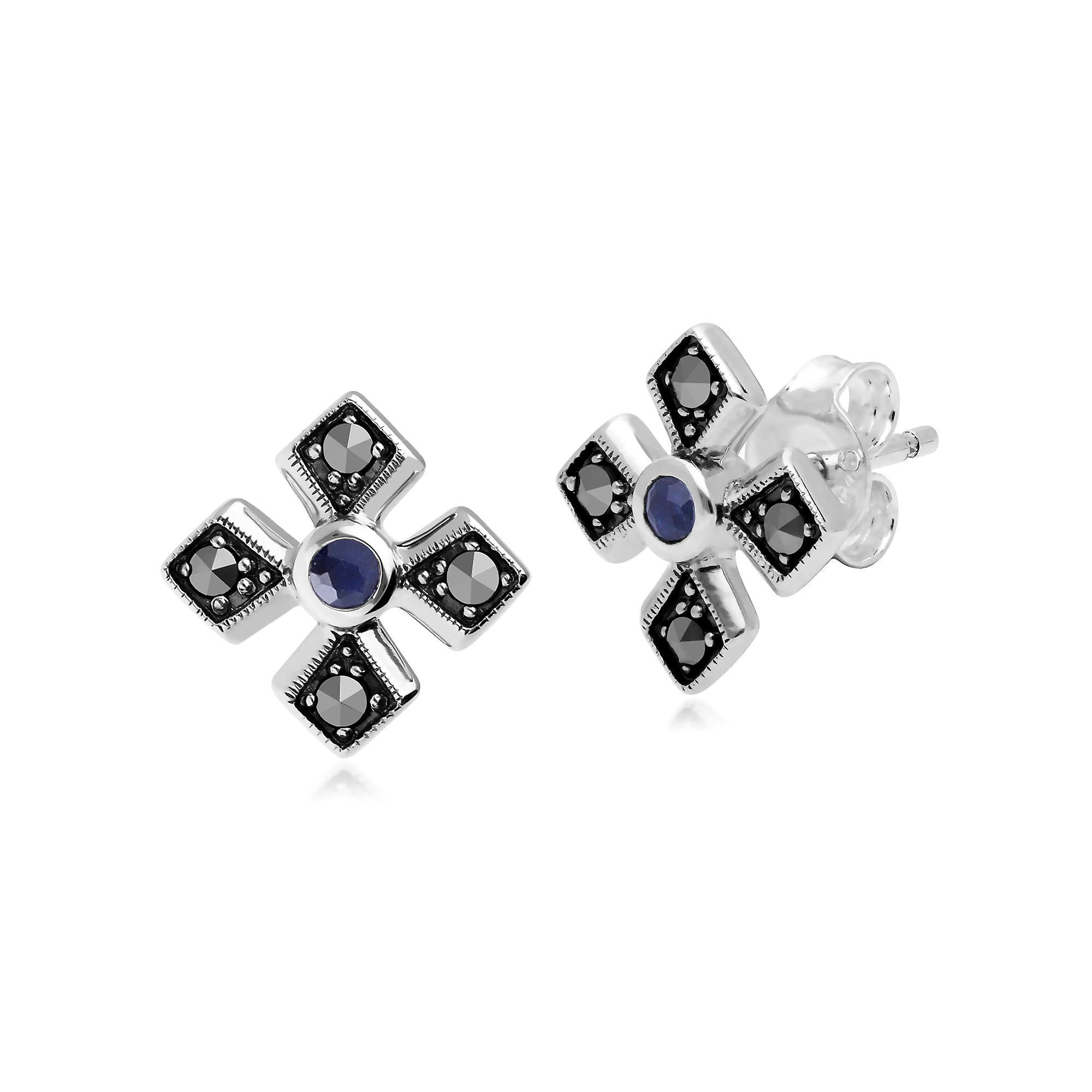 Art Deco Style Round Sapphire & Marcasite Gothic Style Cross Studs in 925 Sterling Silver 214E859702925
