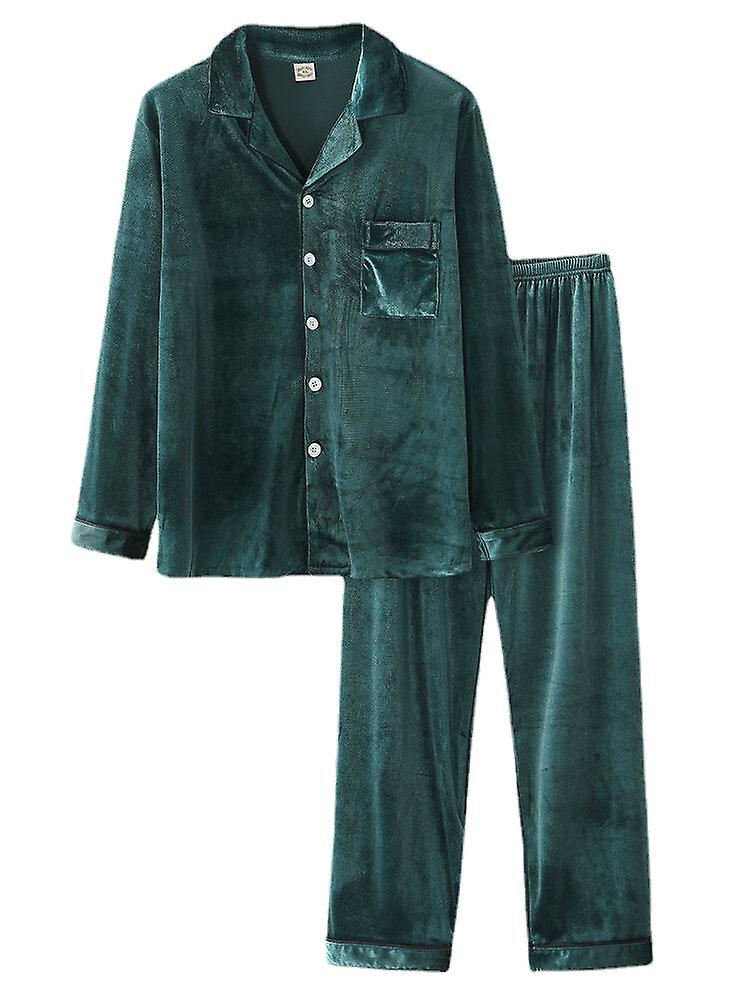 Men's Soft Revere Collar Button-up Shirt & Elastic Waist Loose Pants Pajama Set
