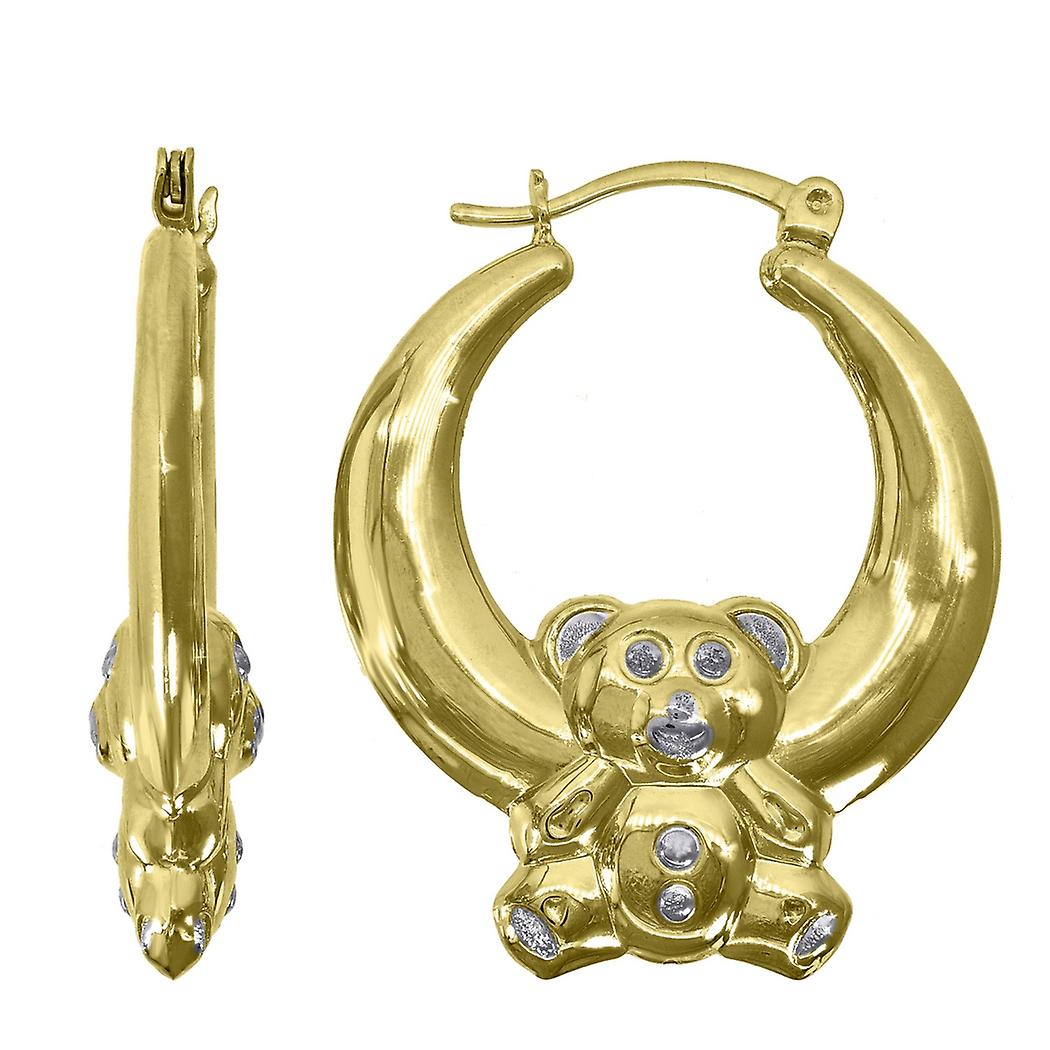 10Kゴールドツートンレディーステディベア29.1mmヒンジ付きフープハグイヤーローブイヤリング女性用フープイヤリング