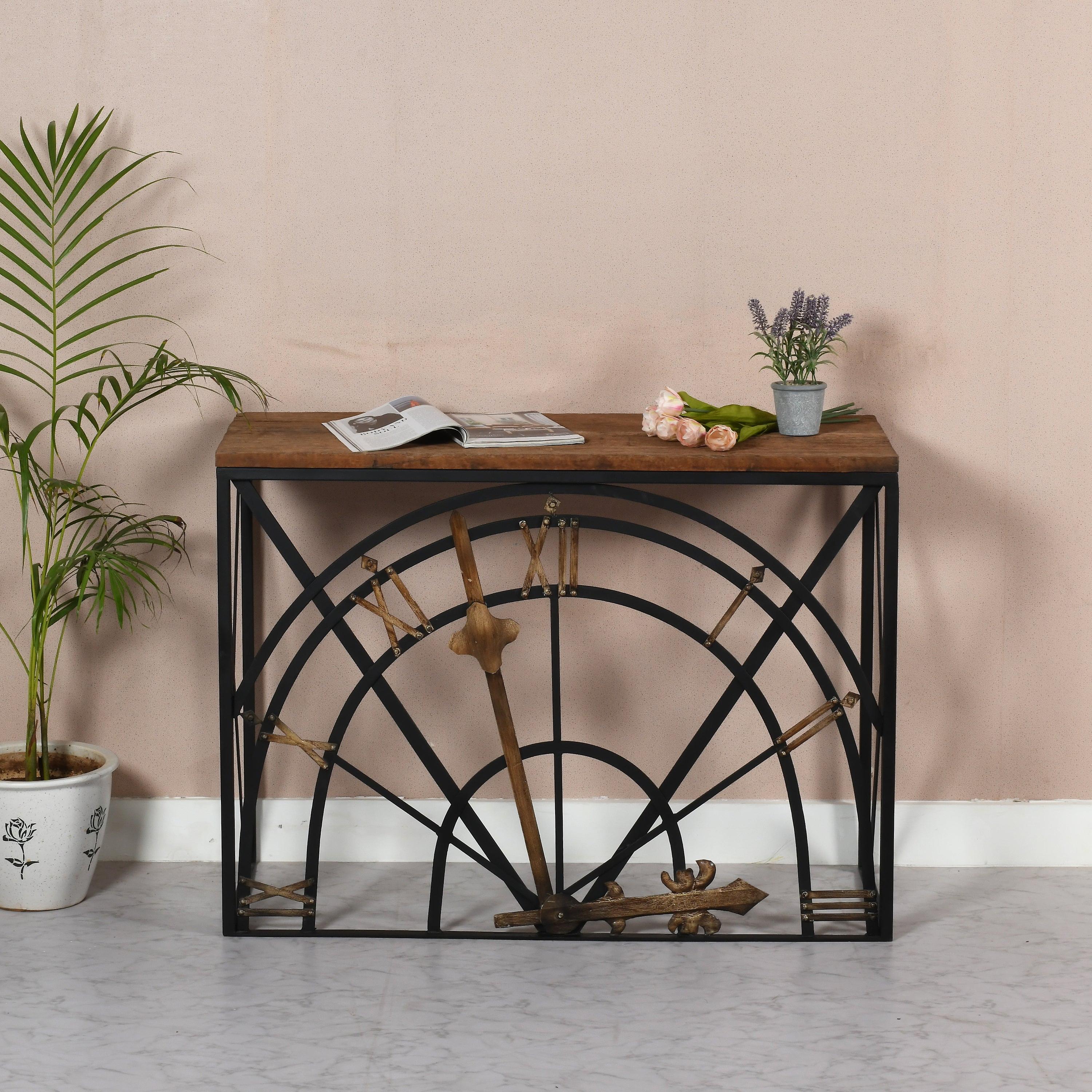 Karla Natural Reclaimed Wood & Metal Half Clock Console Table
