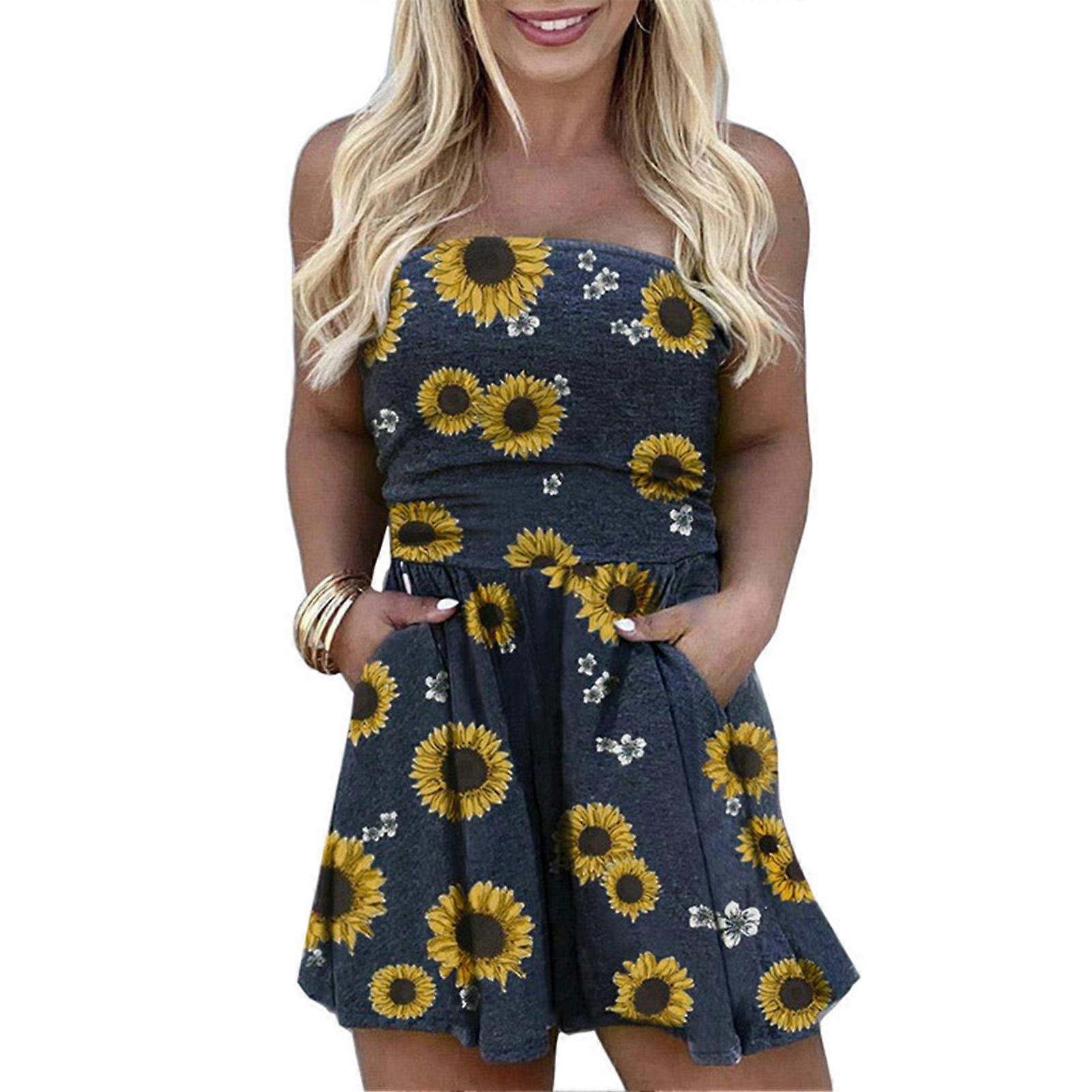 Women Jumpsuit Sleeveless Rompers High Waist Off Shoulder Strapless Wide Leg with Pocket Yellow 3XL