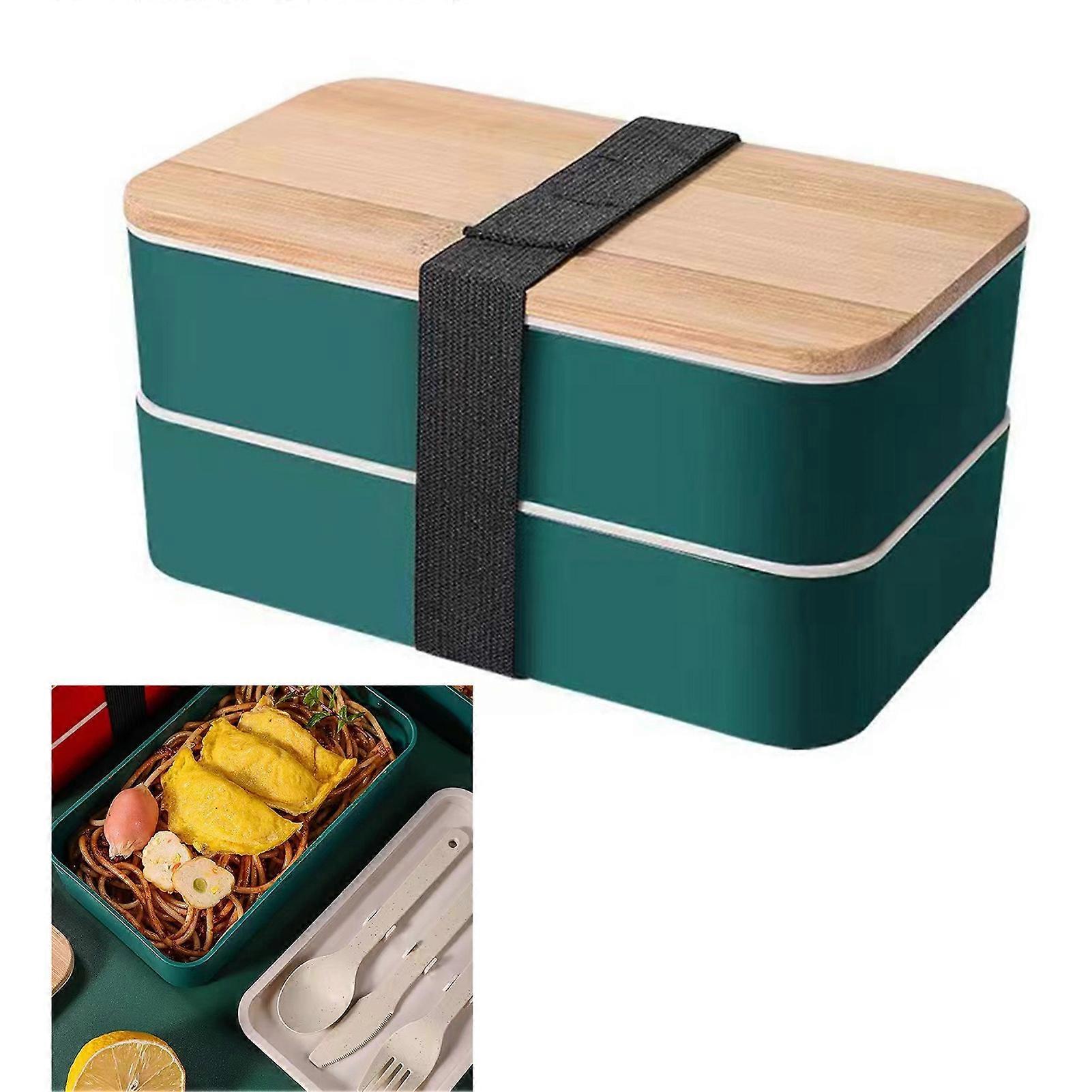 Double Layer Bento Box Multipurpose Wooden Lid Compartment Bento Lunch Box for Work School Home 1200ML