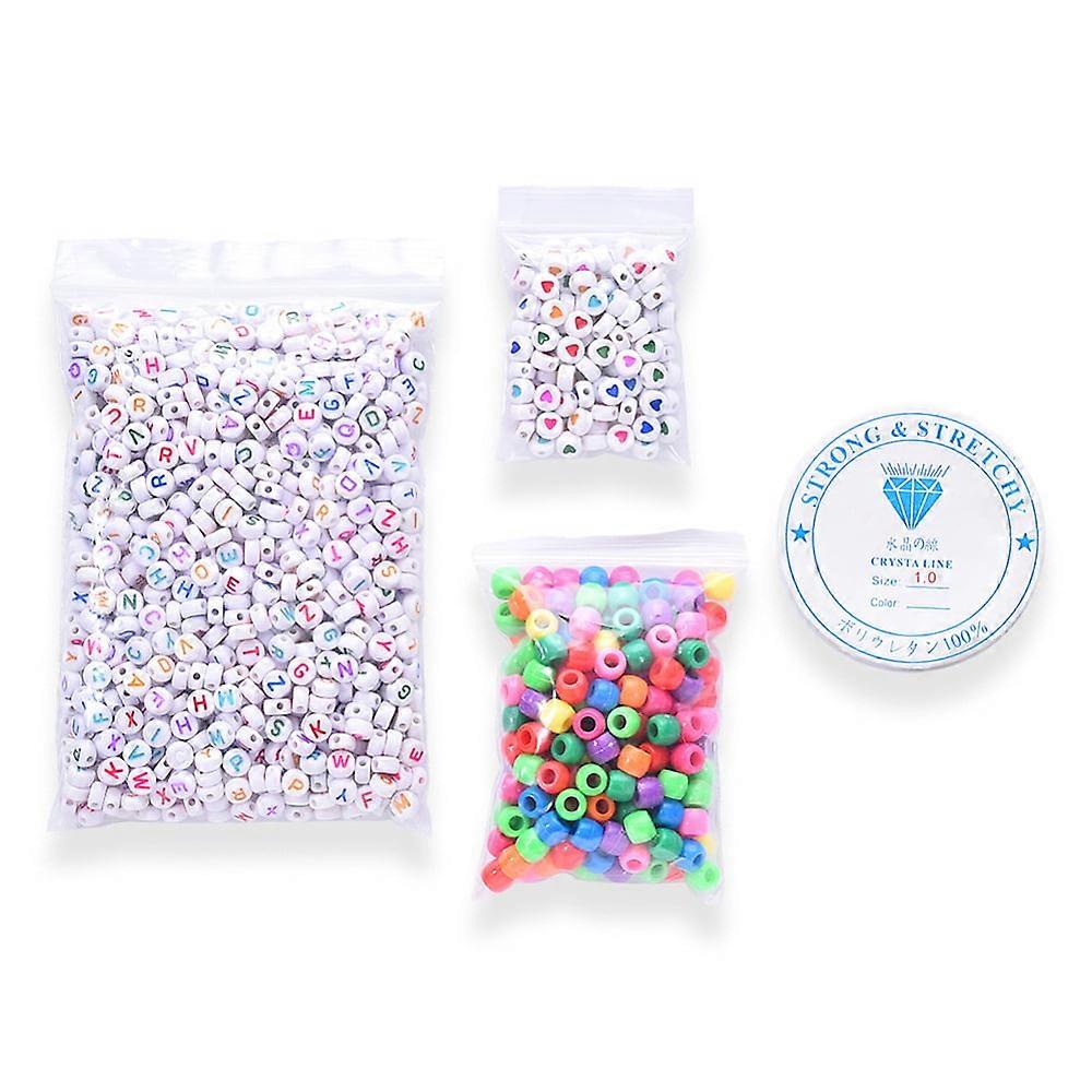 1bag 1 Bag 1200Pcs Opaque Acrylic Flat Round with Letter Heart Beads with 1roll Clear Elastic Crystal Thread