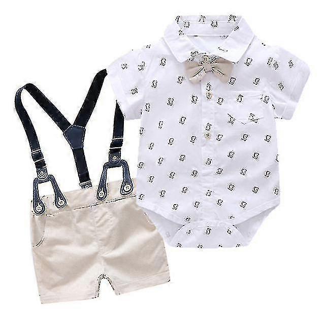 Babypojkekläder Set Sommardräkt med rosett Småbarnsbody Set Babysparkdräkt för nyfödda Bebisar Bälte Byxor Set