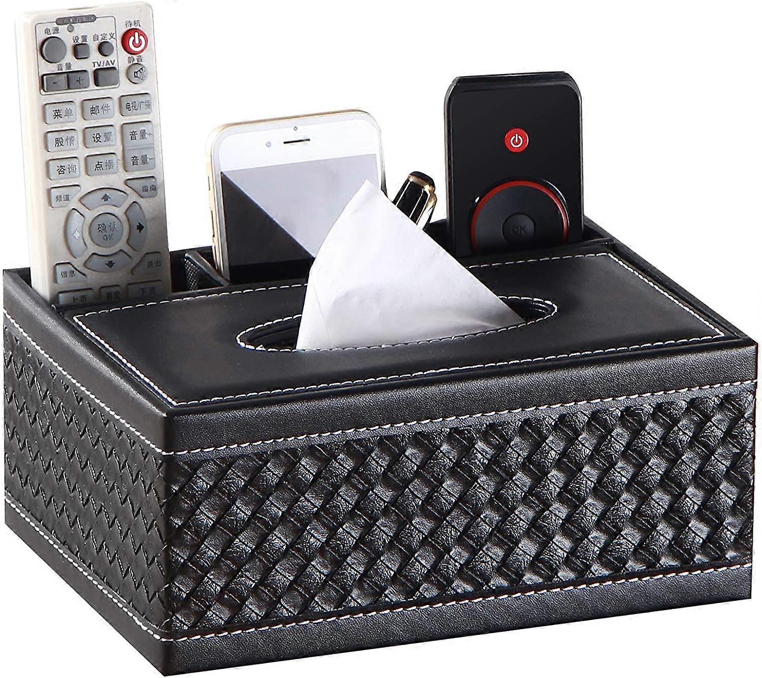 Tissue Box Cover Rectangular Leather Black Multifunctional Remote Control Stationery