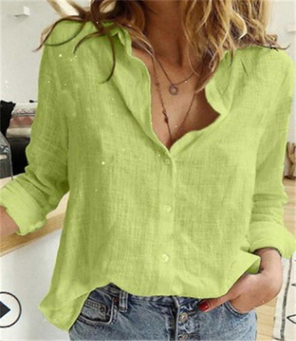 Women Cotton Linen Shirt Long Sleeve Solid Button-Down Loose Blouse Plain