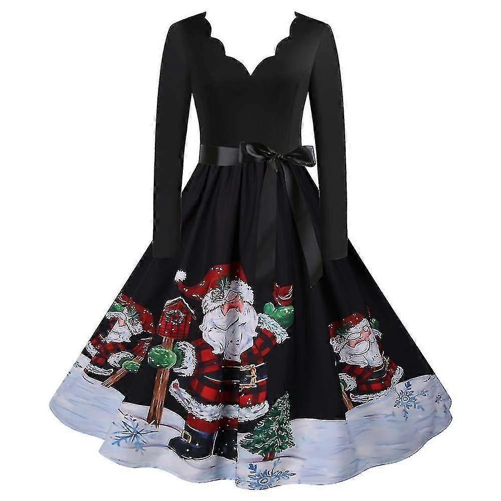 Christmas Vintage Long Sleeve Swing Flare Party Midi Dress 50s Snowflake Xmas