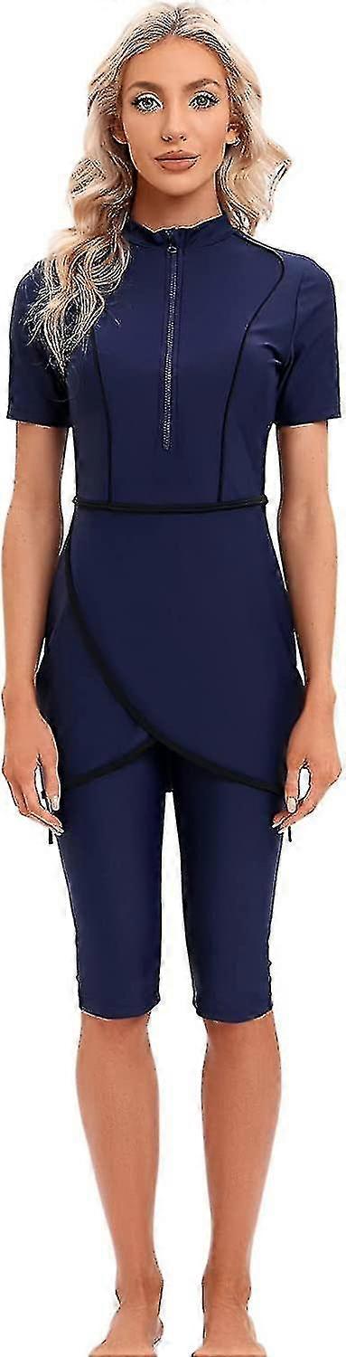 Femmes Modeste Maillot de bain islamique musulman Maillot de bain à manches courtes Zipper Front Top Shorts Pantalon Hijab 3pcs Natation Costume S-4xl