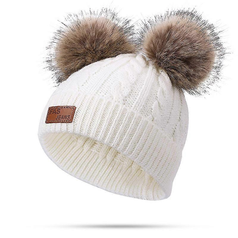 Toddler Woolen Hat Winter Twist Double Pom Pom Knitted Beanies Cap Pink