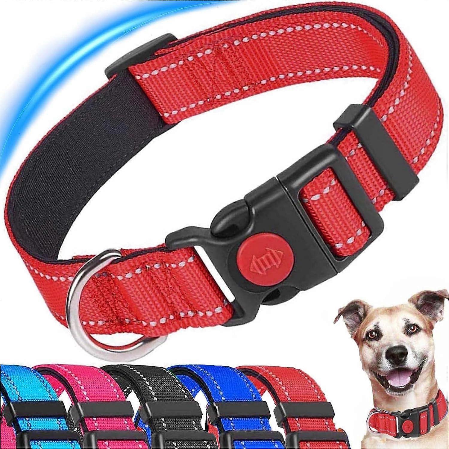 Dog Collar,Reflective Adjustable Basic with Soft Neoprene Padding,Durable Nylon Pet Collars for Puppy Small Medium Large Dogs,Red,M:13-19.7inch