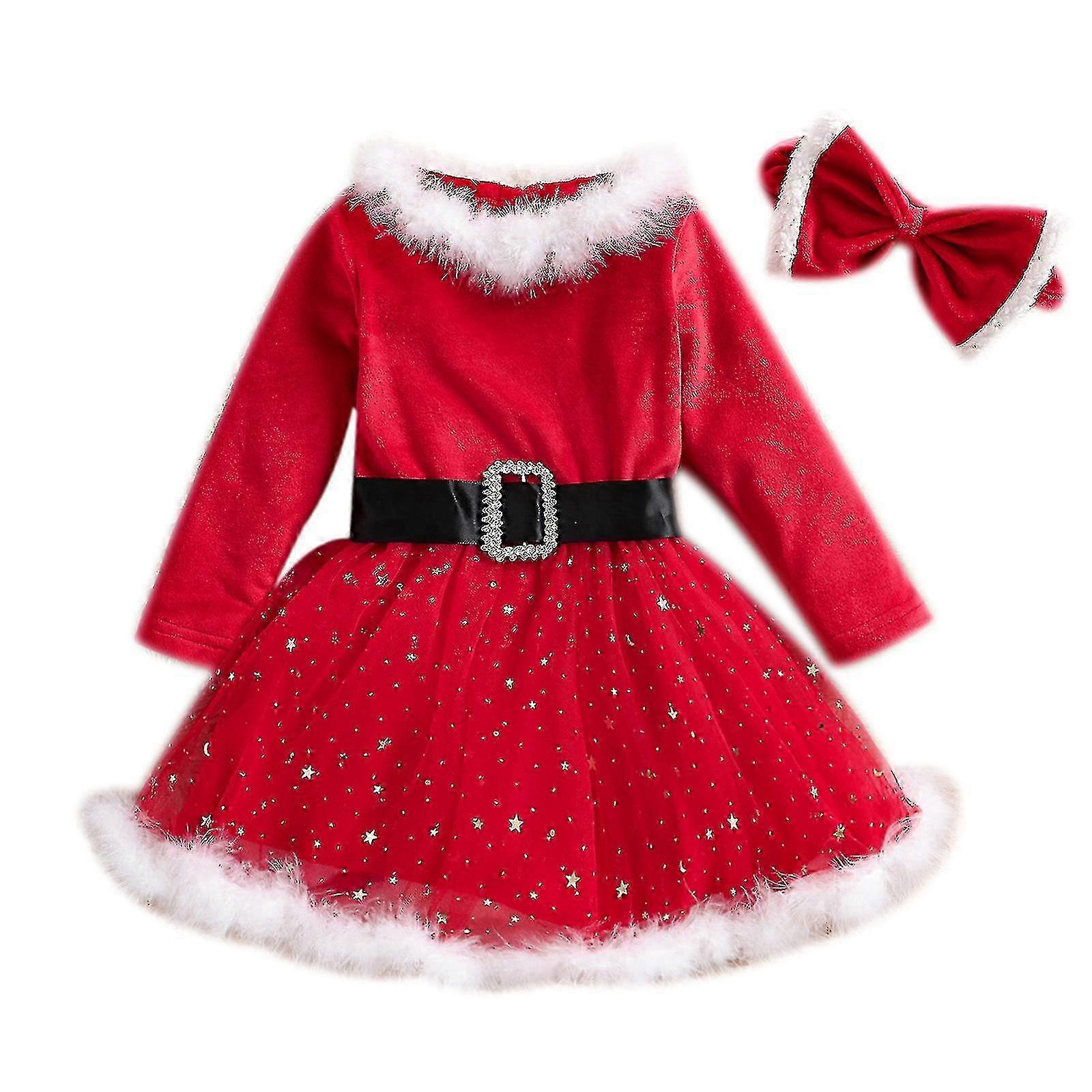 Mädchen Weihnachtskleid Langarm Weihnachtskleid + Stirnband 2pcs Outfits