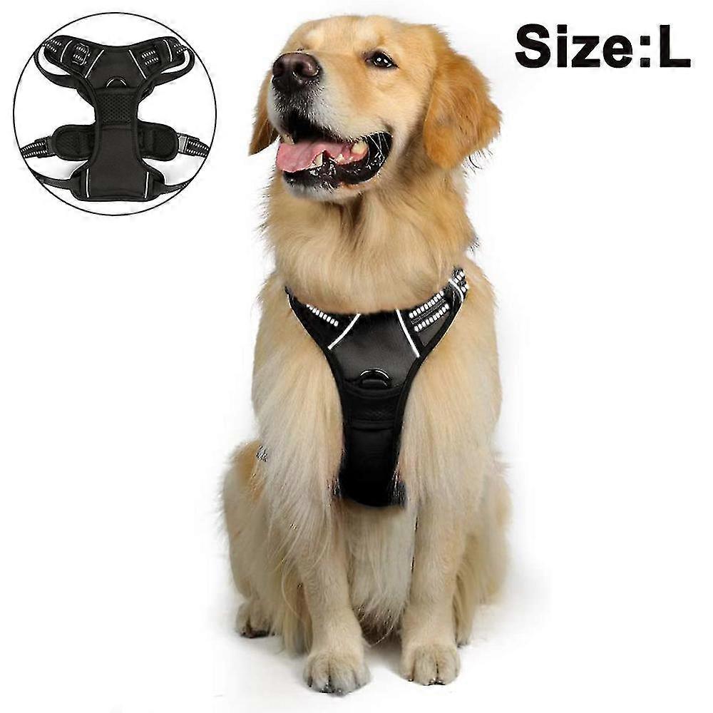 犬用ハーネス、1つのリーシュクリップ付きプルなしペットハーネス、調整可能なソフトパッド入り犬用ベスト-黒-l