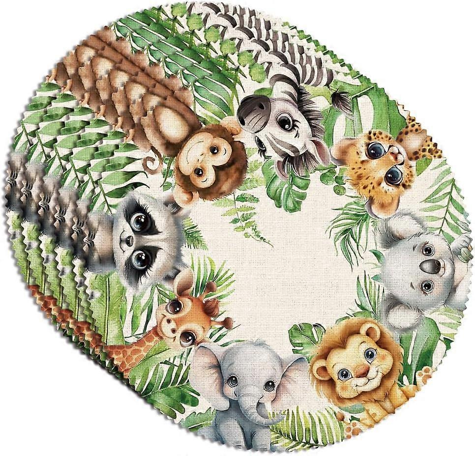 6Pcs Round Animal Forest Leaves Table Cloths 15x15 Inch Monkey Elephant Table Placemats for Dining Table Decoration Seasonal Spring Summer Polyester W
