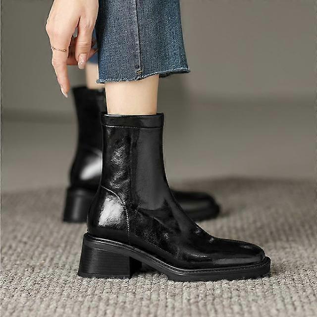 2023 Ankle Boots For Women Square Heel Zip Genuine Leather Boots
