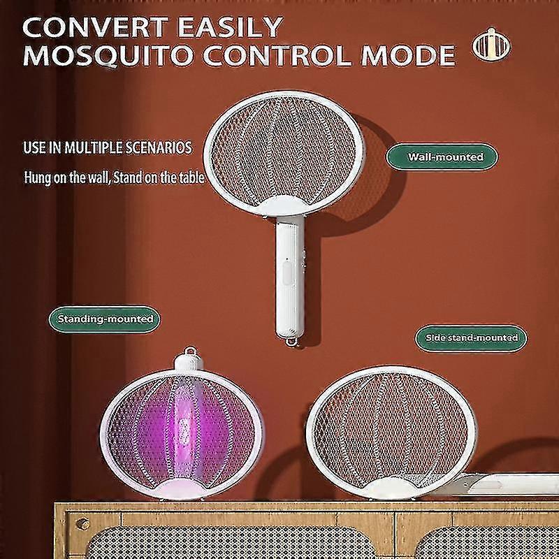 4 In 1 Foldable Electric Mosquito Swatter Wall-mounted Handheld 3000v Rechargeable Mosquito Fly Racket Adjustable Bug Zapper White Round