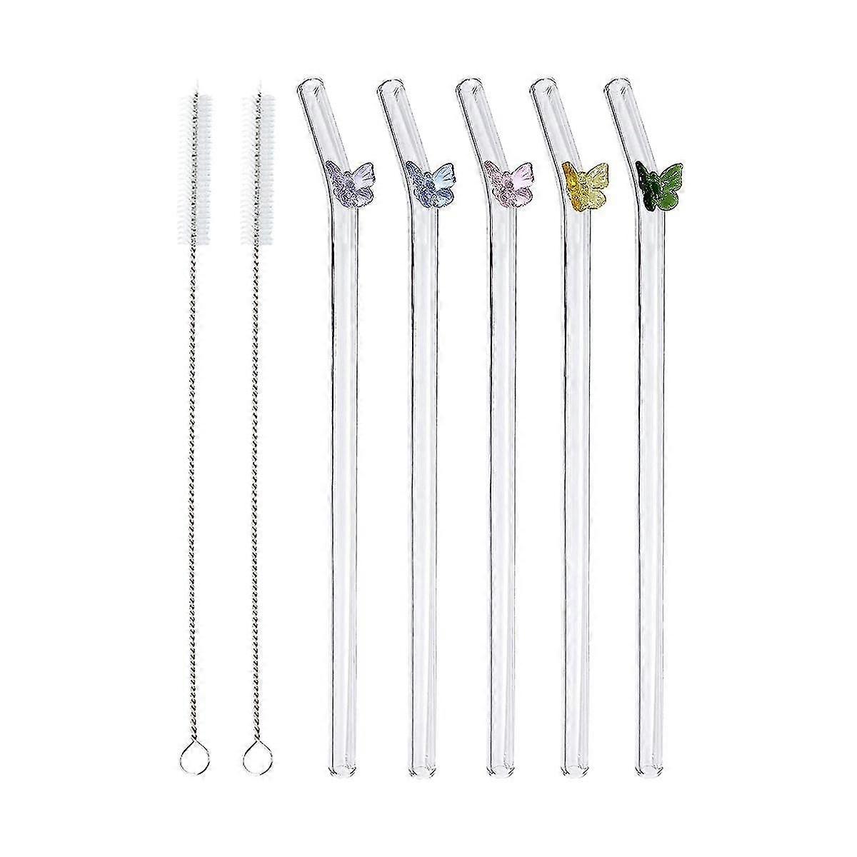 5 Pcs Reusable Glass Straws,colorful Butterfly On Clear Straws With Design Shatter Resistant Bent D
