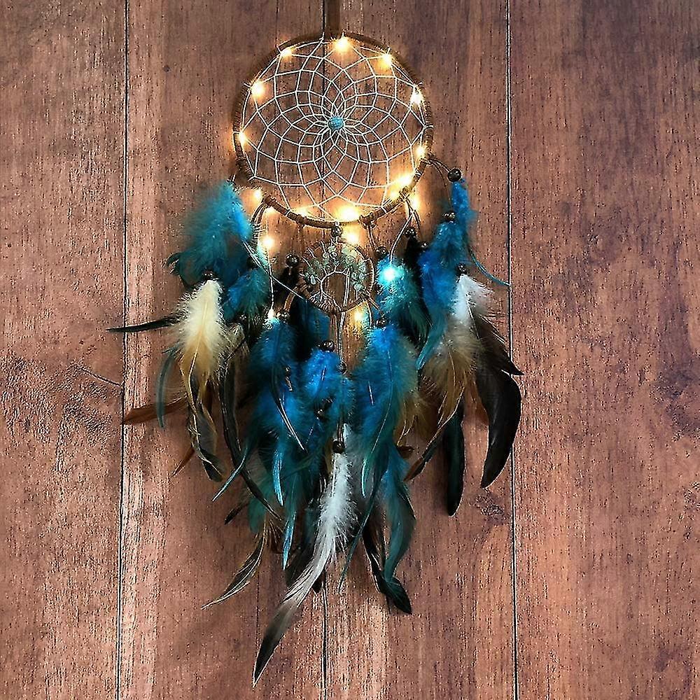Blue tree of life with feathers, LED lights, handmade indian traditional round grid