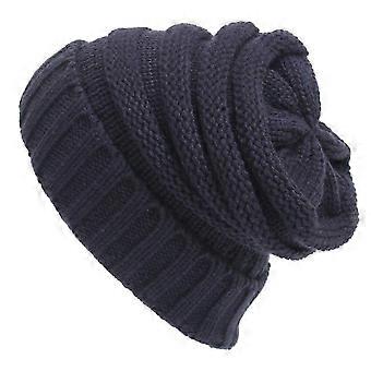 Winter Outdoor Warm Solid Color Knit Hat Scarf and Gloves (navy blue) 4 Pieces