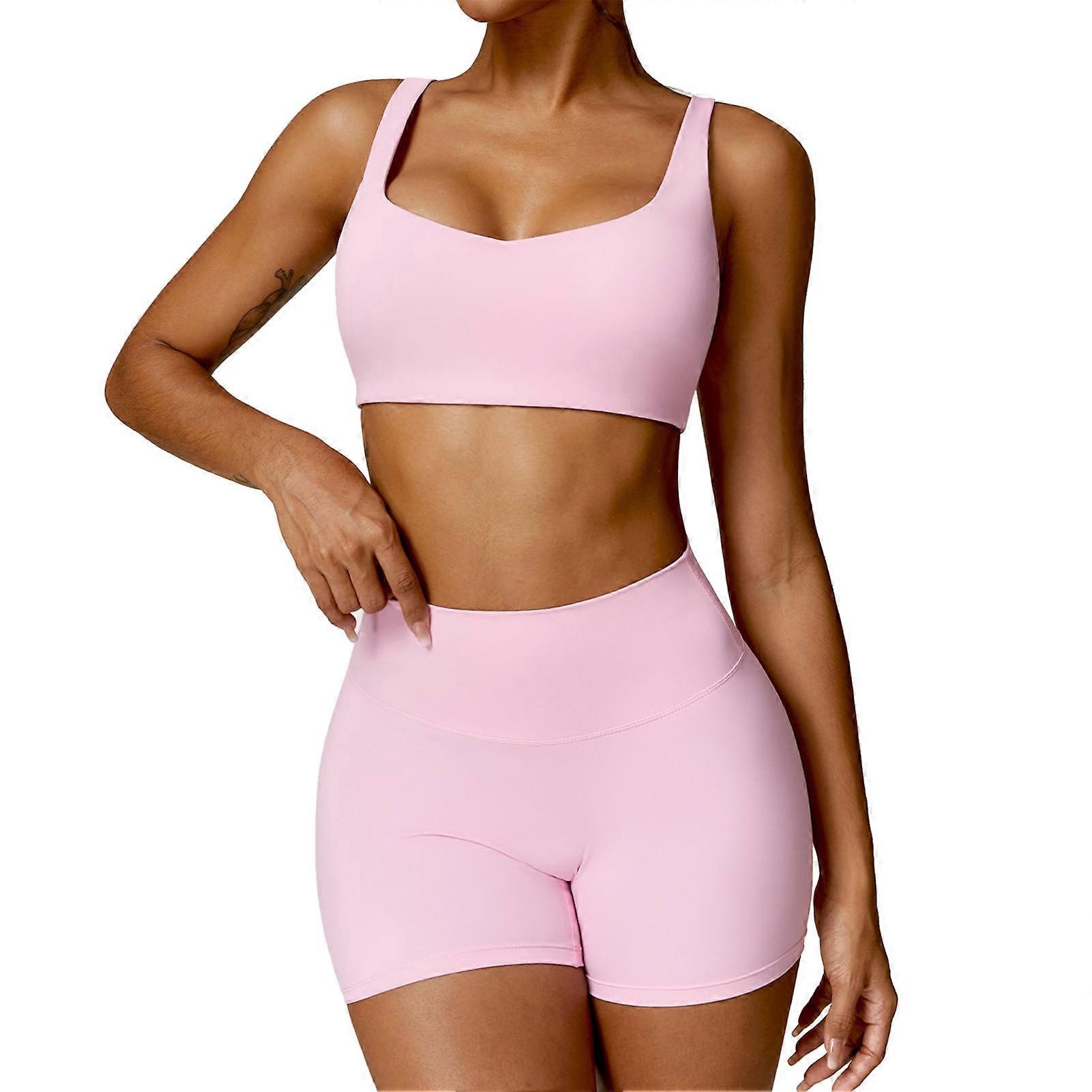 Women Sports Bra Shorts Set High Waist Quickly Drying Elastic Workout Bra Shorts for Running Fitness Cherry Pink L