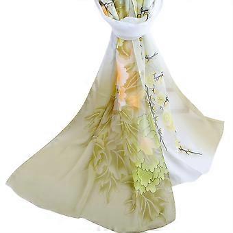 Mode Frauen Magpie Pfingstrose Druck Langer Chiffon Schal Kopf Wrap Schal (Grau Hellgrün)