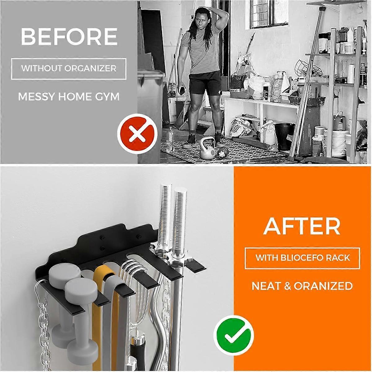 Gym Organizer Rack, 8 Haak Veelzijdige Gymapparatuur Wandrekhanger, Home Gym Accessoires Organisatie Opbergrek Gymapparatuur Opslag voor Oefenbanden Halterstangen Springtouw