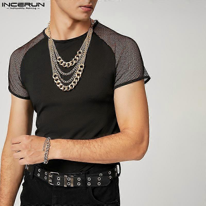 INCERUN Summer Men Mesh Patchwork Crew Neck Short Sleeve Tee Tops