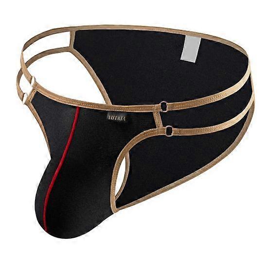 Inside Wearing Strappy Men Briefs Attractive Golden Color Hemmed Pouch Panties G-strings