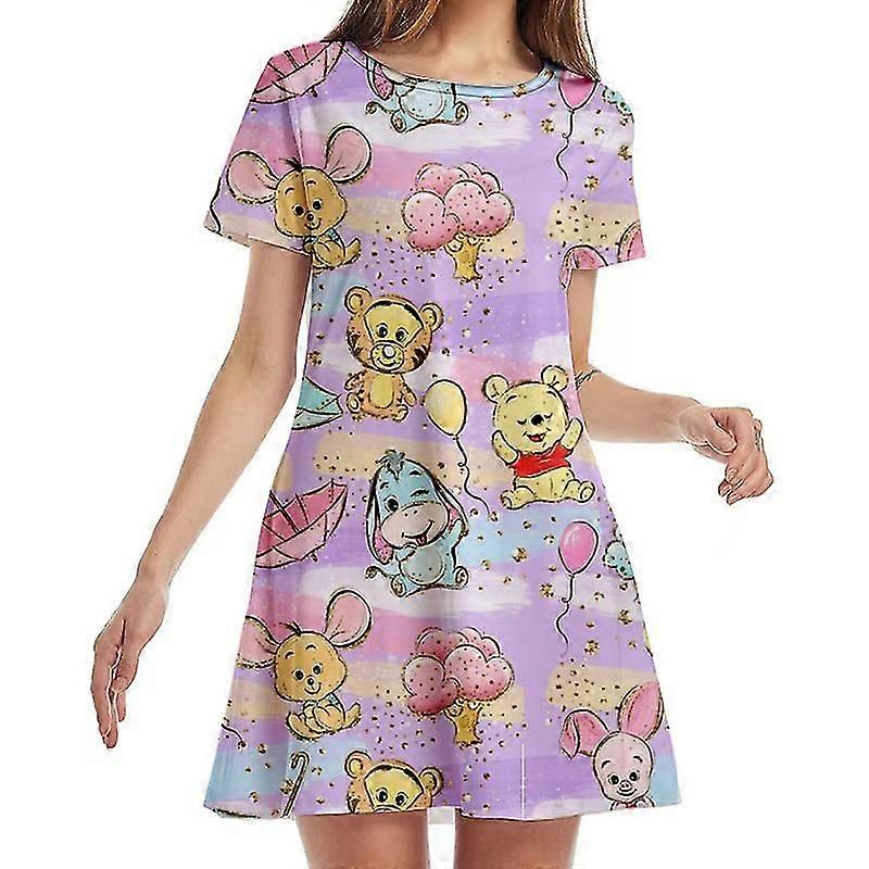 여름 스트리트웨어 디즈니 곰돌이 푸와 미니 마우스 만화 주름 루스 프린트 반 소매 무릎 길이 캐주얼 드레스