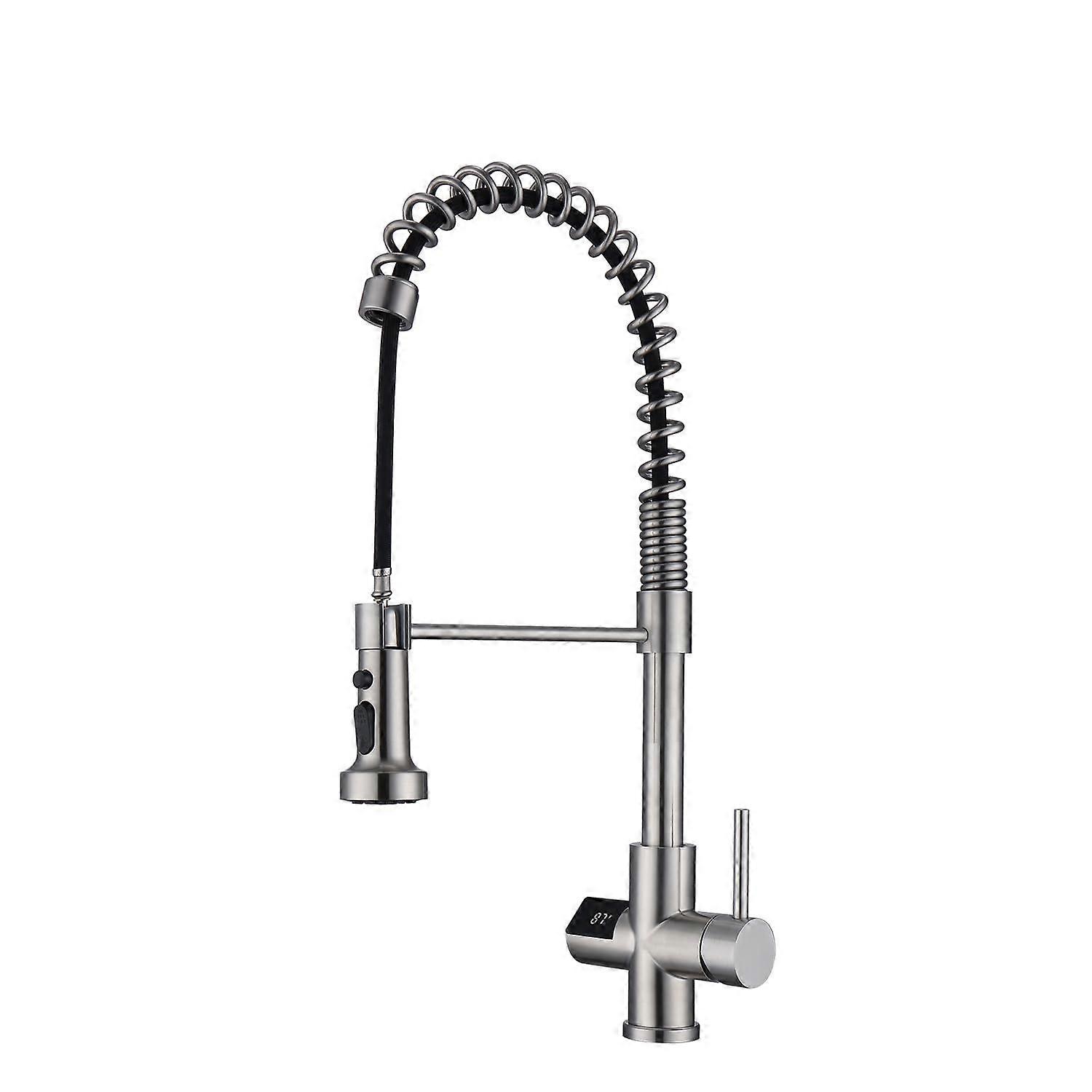 Kitchen Faucet With Digital Temperature Display Pull-Down Sprayer 3-Mode Solid Brass 360-Degree Swivel Brushed Nickel
