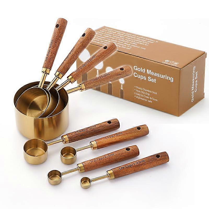 Stainless Steel Measuring Spoons and Cups Set with Wooden Handle, 8-Piece Rose Gold Kitchen Baking Tools, Gold Finish