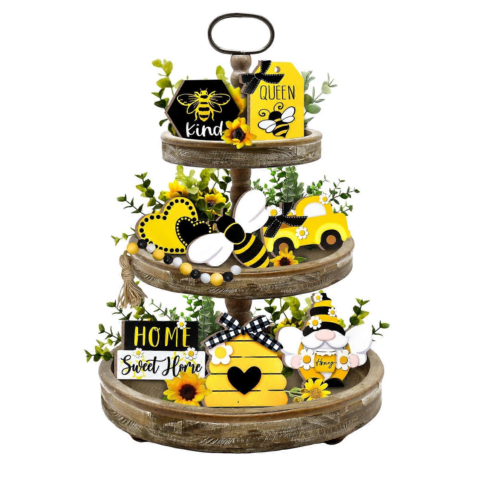 1 Set Bee Tiered Tray Decor Spring Summer Farmhouse Decorative Rustic for Home Table Shelf Mantel Office Holiday Party