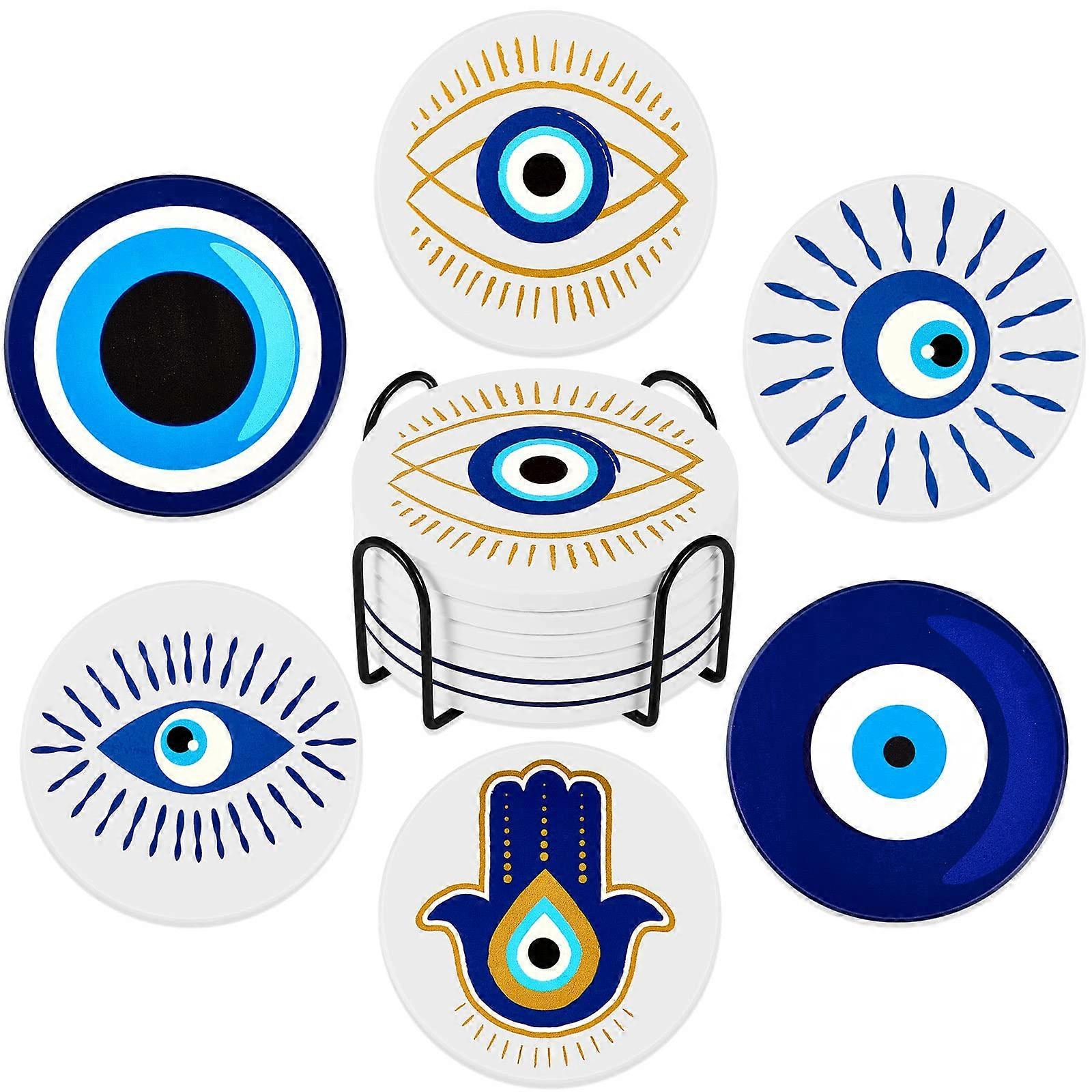 6 Blue Ceramic Bad Eye Glass Bases with Coasters for Home Decor and Beverage Serving, Durable Dishwasher Safe Design