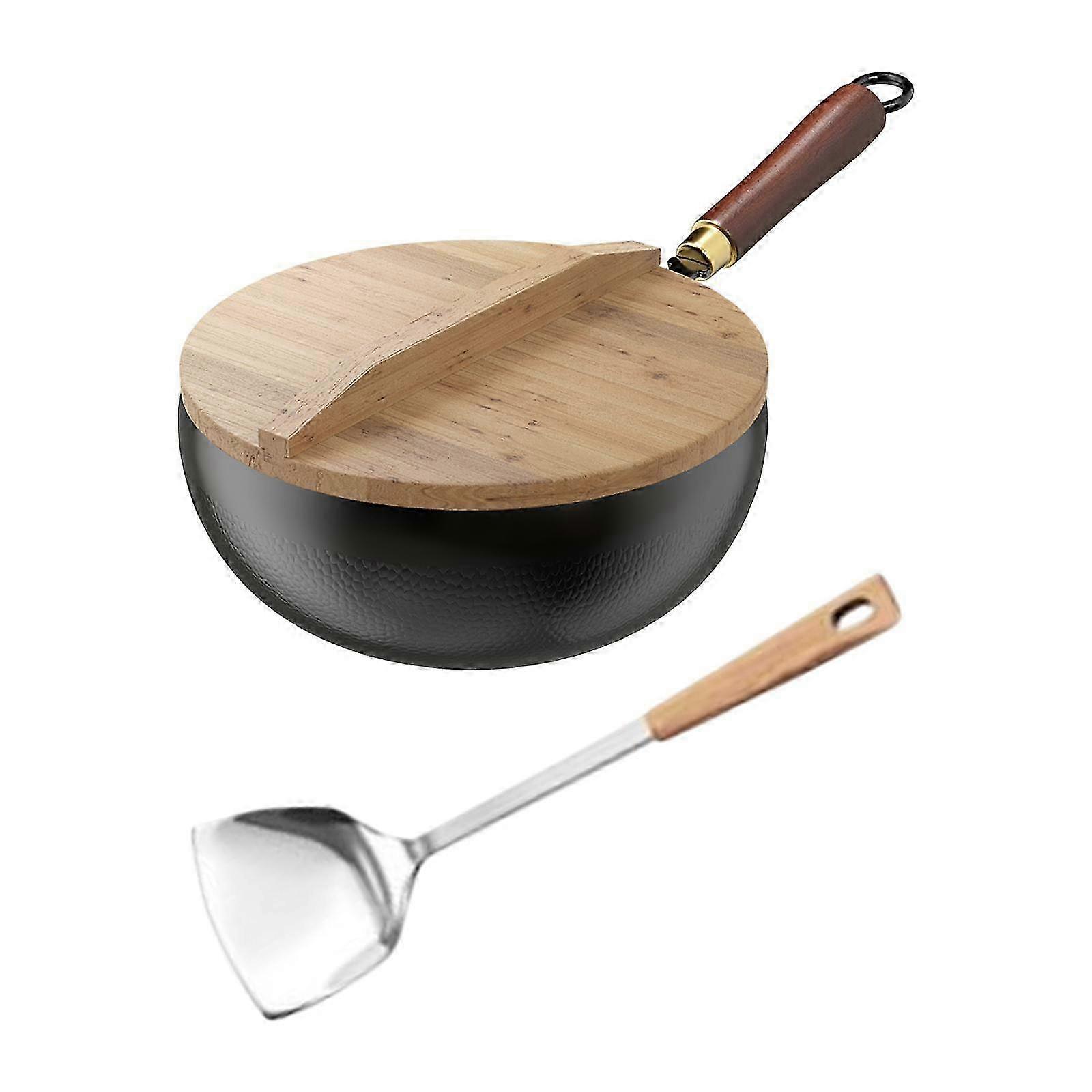 Nonstick Chinese Wok with Wooden Lid & Handle, All Stoves No Coating Stir-Fry Pan with Hanging Hook