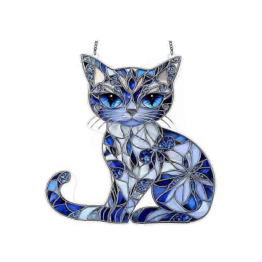 青と白の猫のサンキャッチャーの飾り、アクリルの猫のサンキャッチャーの庭の装飾