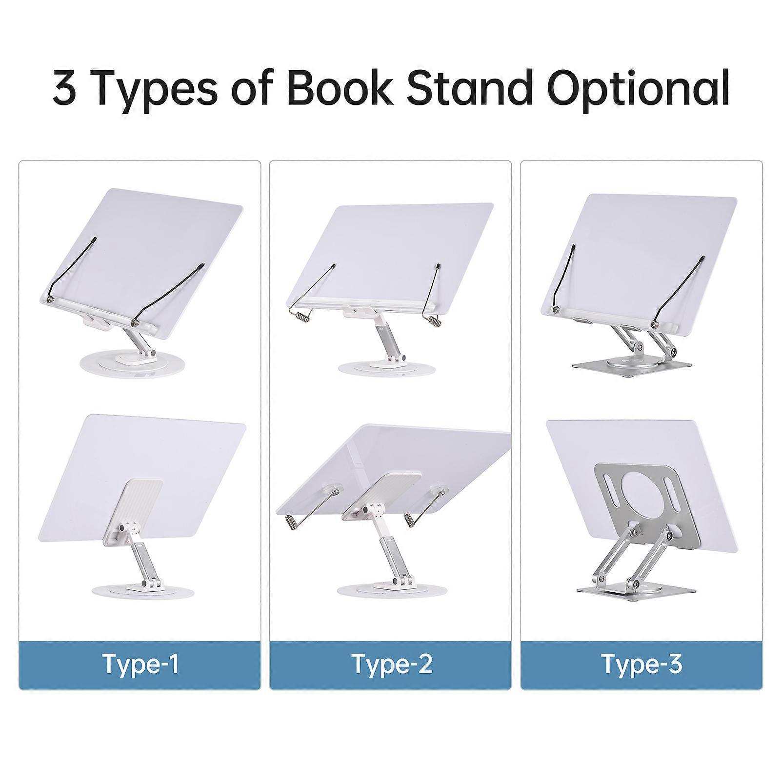 Desktop Book Stand with 360° Rotating Base and Page Clips, Foldable Adjustable Angle Holder for Cookbooks Textbooks Magazines Documents Tablets