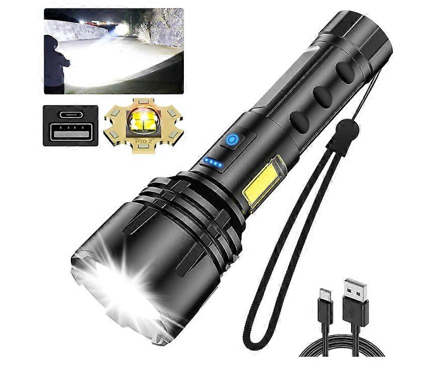 Super Bright Flashlight High Lumen,XHP70 Powered Flashlights Rechargeable with Battery,COB Working Light,7Modes(Black)