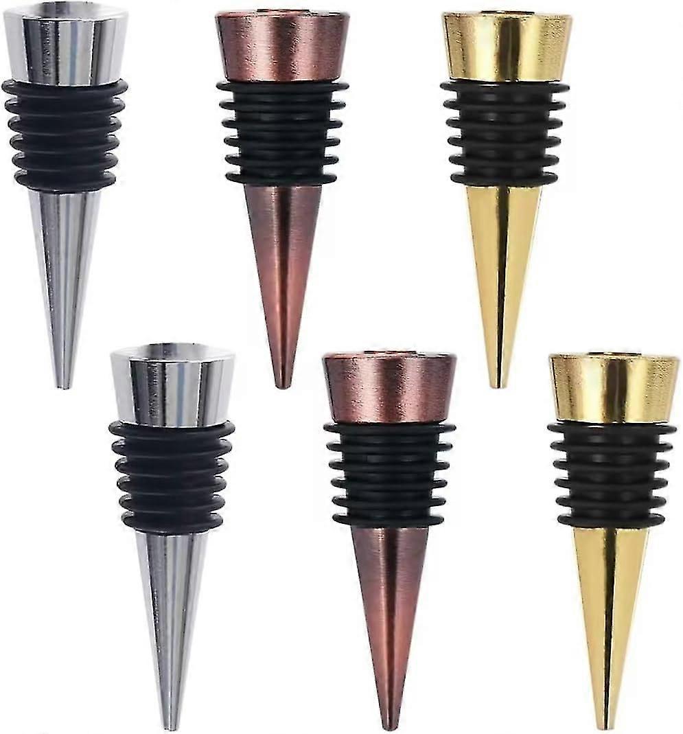 6 Pcs Reusable Metal Wine Stoppers, Flat Design, Three Colors