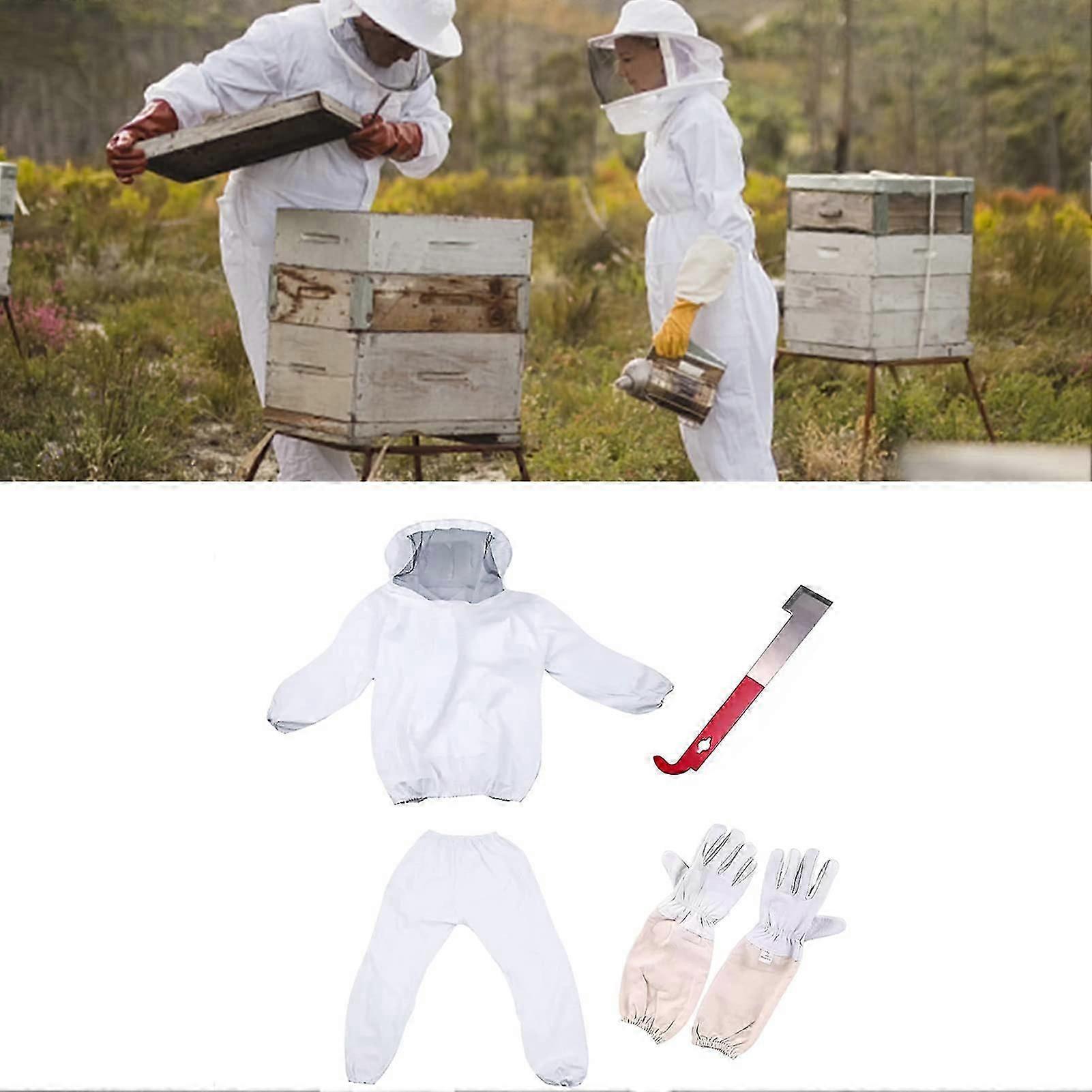 Protective suit for professional and beginner beekeepers with gloves and bee hive.